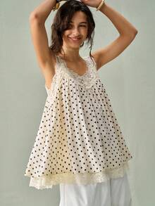 SoleilVie Women's Lace Patchwork Polka Dot Camisole Top, Suitable For Daily Outings In Summer - Apricot - View 7