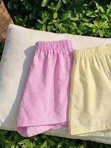 2pcs Celana Pendek Lurus Bergaris Tenun Gaya Jalanan Kasual untuk Anak Perempuan Remaja - MultiWarna - View 4