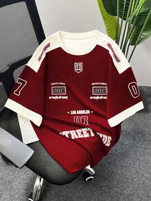 Manfinity Homme Plus Size Men's Letter Print Contrast Color Short Sleeve Casual T-Shirt Football - Multicolor - View 1