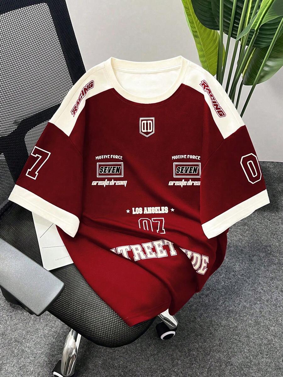 Manfinity Homme Plus Size Men's Letter Print Contrast Color Short Sleeve Casual T-Shirt Football - Multicolor - View 1