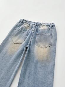 SHEIN Streecool 少女复古水洗宽松牛仔裤，松紧腰带配单扣装饰，纯棉面料柔软舒适，直筒宽松裤型，适合度假、音乐节、上学、通勤、派对等各种场合。 - 中等水洗藍 - 查看 8