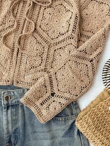 Travachic Women's Solid Color Hollow Lace-Up Lightweight Cardigan Beach Vacation Vacation Khaki Green Autumn Boho Tropical Jamican Sexy Tropical - Khaki - View 4