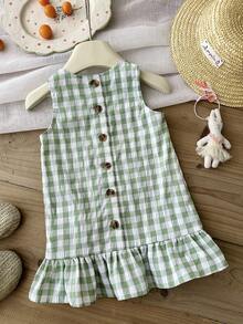 SHEIN Đầm không tay xếp bèo họa tiết kẻ caro dễ thương cho bé gái mặc đi nghỉ hè. - Nhiều màu - Xem 7