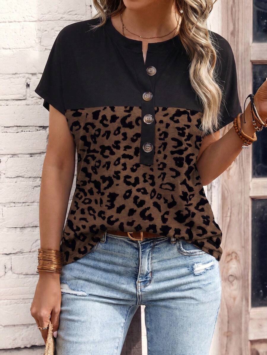 Selamara Fashionable Retro Casual Black Leopard Print Patchwork T-Shirt, Round Neck, Button Front Design - Multicolor - View 1