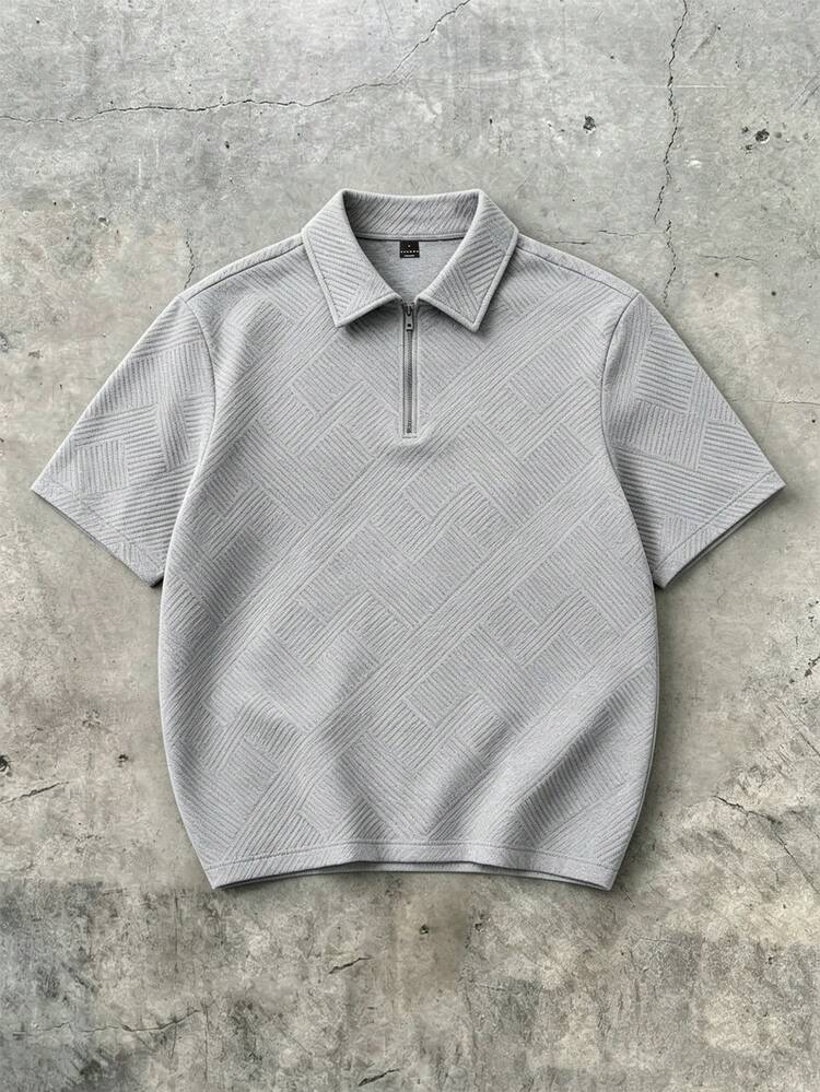 SUMWON Men's Grey Textured Polo Shirt With Short Sleeves Quarter Zip Collar Classic Casual Summer Golf Wear, Polo Shirt For Men, Fitted Polo