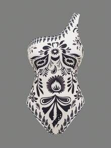 Swim Oasis Nuevo conjunto de 2 piezas de vestido de cuello halter y pantalones cortos con estampado de paisley en blanco y negro, elegante y retro, adecuado para playa, vacaciones y ocio - Negro - Ver 4
