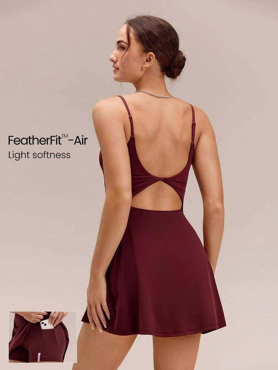 GLOWMODE FeatherFit™-Air Scoop Neck Knotted Mini Dress Quick Dry Moisture Wicking - Burgundy - View 1
