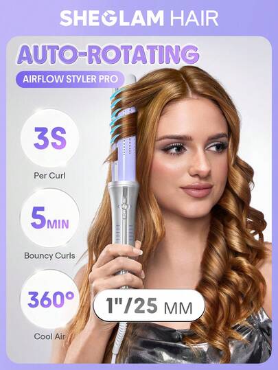SHEGLAM HAIR 一鍵式氣流造型器 Pro-25mm 銀紫色，冷風自動旋轉捲髮棒，5分鐘快速造型，360°冷風​​一鍵操作，持久定型，5檔溫度可調，防燙傷，自動斷電，雙電壓設計，適用於中長髮、長髮及所有髮質 - 美髮插頭 生日 禮物 假期 粉紅色的 氛圍 化妝品 海灘 學校 節慶 玫瑰 女孩 護髮 Y2K 母親節 旅行必備 假期 夏天 郵輪必備用品
