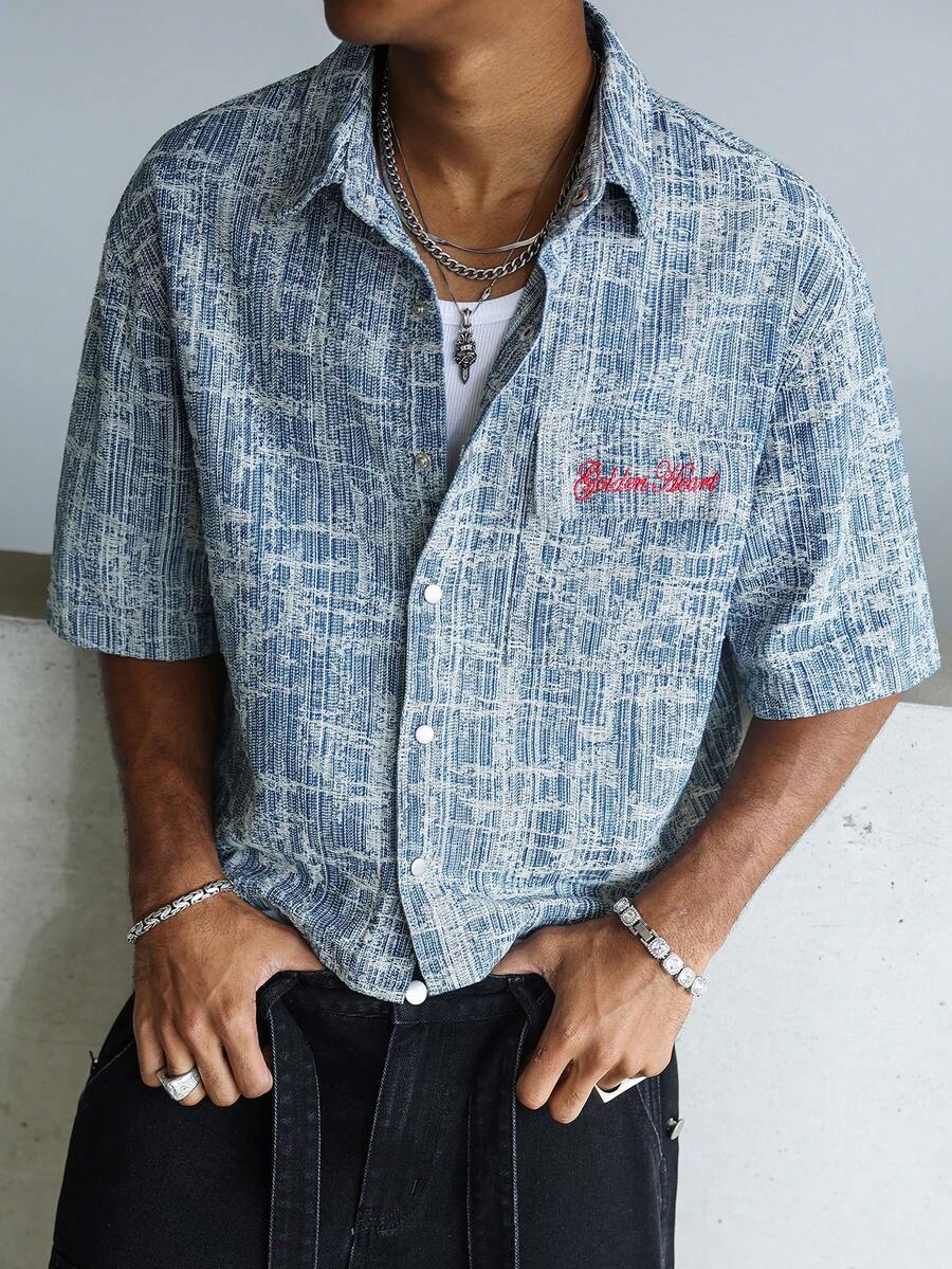 STEELVANCE Áo sơ mi nam tay ngắn chất liệu denim xanh thêu họa tiết jacquard phong cách đường phố thường ngày. - Rửa nhẹ - Xem 1
