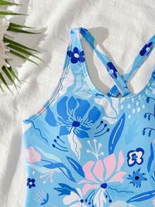 SHEIN 少女比基尼套装，无袖印花露脐上衣，渐变蓝粉抽象花卉图案，搭配纯紫色泳裤，时尚休闲优雅泳装，适合游泳、夏季度假、海滩、泳池派对等场合。 - 淺藍色 - 查看 5