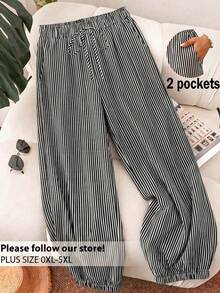 SHEIN Frenchy Mother's Day Vacation Style Plus Size Women's Black And White Striped Pattern Casual Pants With Drawstring Waist And Ruffle Hem Fall - Black and White - View 1