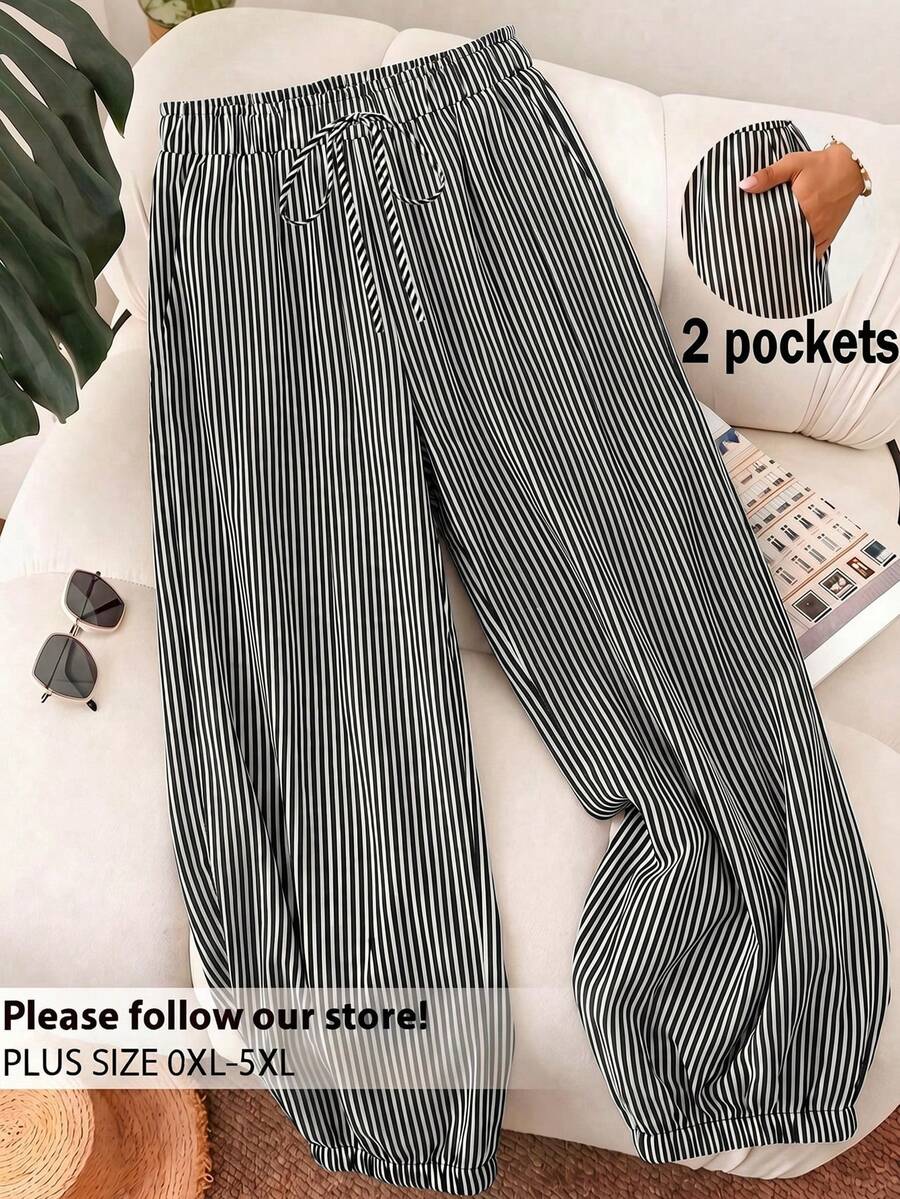 SHEIN Frenchy Mother's Day Vacation Style Plus Size Women's Black And White Striped Pattern Casual Pants With Drawstring Waist And Ruffle Hem Fall - Black and White - View 1