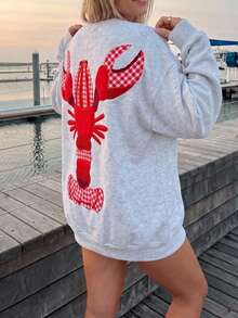 SHEIN EZwear 休闲简约度假风仿刺绣超大龙虾印花宽松圆领长袖卫衣，女士夏季上衣，适合独立日、日常通勤、约会、聚会、秋冬夏三季、圣诞节、新年、感恩节、派对、婚礼、海滩、毕业典礼、时尚、优雅、休闲、外出、约会、预订、通勤、闪亮、情人节、优雅、度假、休闲、Y2K、外出、毕业典礼等场合。 - 淺灰色 - 查看 5