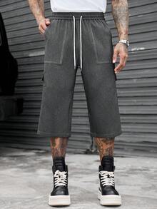SLATEMANN Pantalones cortos cargo de estilo callejero estadounidense con pespuntes, cintura con cordón, sueltos de longitud 7/10 casual - Negro - Ver 4