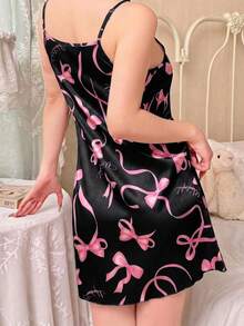 SHEIN 粉色蝴蝶结印花缎面吊带睡裙 - 黑色 - 查看 2