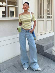 Muchica Lässiges, minimalistisches Damen T-Shirt aus Baumwolle mit gelb-grauen Streifen, geeignet für Frühling & Sommer, schmeichelhaft - Weiss - Übersicht 5