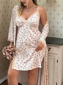 CottageSlumber Plus Size Women's Romantic Ditsy Floral Lace Patchwork Camisole & Robe 2-Piece Sleepwear Set - Apricot - View 2