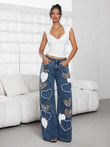Rivivi Jeans in Große Größen für Frauen mit Herz- und Leoparden-Muster, locker geschnitten und gerade geschnitten - Graublau - Übersicht 4