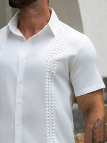 VENTUSAIL 男士休閒白色夏季短袖襯衫，風 Guayabera 風格蕾絲襯衫，附壓褶細節，度假假期婚禮復古上衣 - 白色 - 查看 3