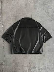 AXEPEAK Men's Solid Color PU Leather Short Sleeve Shirt And Shorts Set - Black - View 5