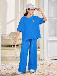 SHEIN Setelan 2 Potong untuk Anak Perempuan Remaja: Kaos Lengan Pendek Leher Bulat dan Celana Panjang, Kasual, Longgar, dan Nyaman - Biru - View 6