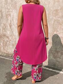 EMERY ROSE Plus Size 2 Pieces Set: Paisley Print Sleeveless Top And Wide Leg Pants Fall - Hot Pink - View 2