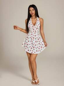SHEIN PETITE Đầm cổ yếm in hình quả anh đào - Đỏ và trắng - Xem 3