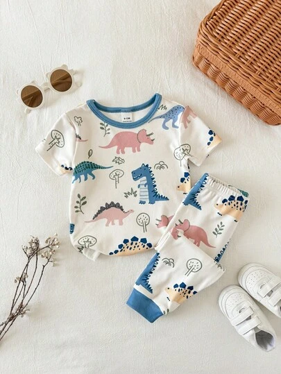 SHEIN 2 st. set med kortärmad t-shirt och leggings, babypojke/flicka, casual, sött dinosaurietryck, unisex, babypyjamas, tight passform