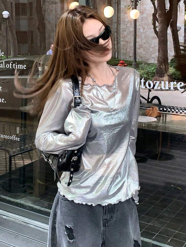 Women's Foil Printed Round Neck Long Sleeve Loose Blouse