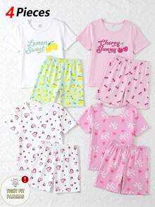 4pcs/Set Teen Girl Snug Fit Pajama Set,Lemon & Cherry Fruit Print,Green And White,Summer,Cute,Family Matching,Round Neck Short Sleeve Shorts Pajamas - Multicolor - View 3