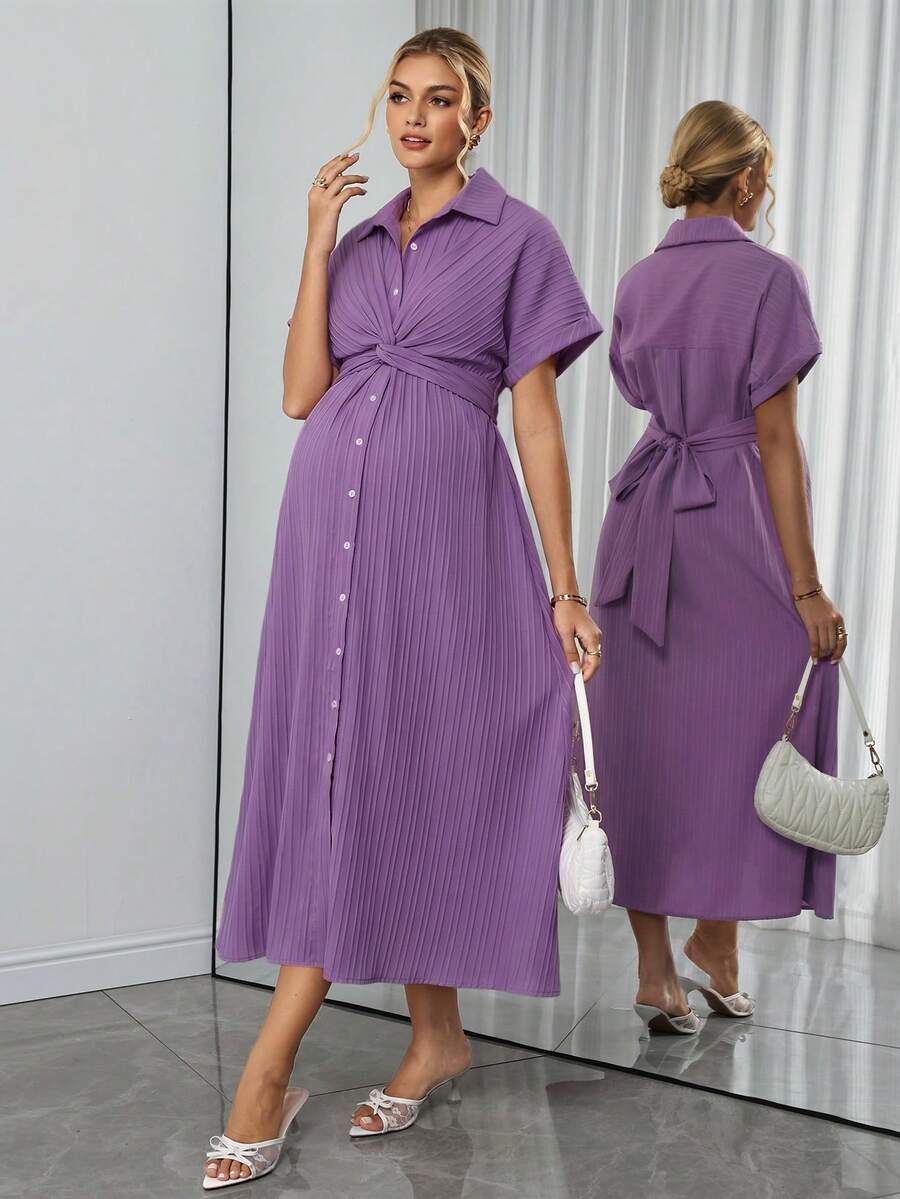 SHEIN Zanzea Maternity Purple Summer Casual Elegant Maternity Dress For Women, Solid Color Twist Ruched Pleated Photoshoot Dresses For Vacation - Mauve Purple - View 1