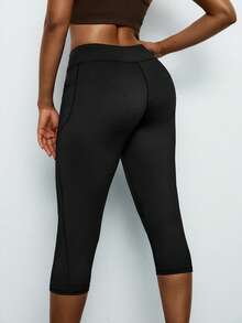 Levarali Celana Legging Olahraga Wanita Ukuran Besar Warna Polos Pas Badan Pinggang Tinggi dengan Kantong, Musim Panas - Hitam - View 3