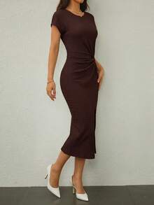SHEIN Tall Marrón oscuro,Verano,Elegante,Vestido midi sin mangas con abertura alta y cintura retorcida elegante para citas,Atuendo casual texturizado ajustado para mujer invitada a boda y oficina,Mujeres altas - Marrón - Ver 6