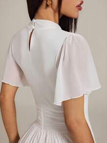 SHEIN PETITE 女士优雅浪漫高腰A字荷叶边连衣裙，立领喇叭袖，适合通勤、海滩、度假等场合，白色端庄长款连衣裙，婚礼宾客礼服 - 白色 - 查看 2
