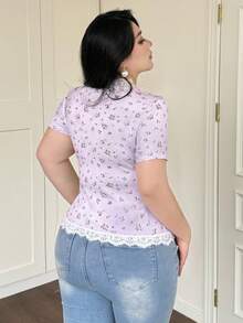 Vibekara Plus Size Women's V-Neck Floral Patchwork Ruffle Short Sleeve Fitted Elegant Vintage Sexy Cute Party T-Shirt, Spring/Summer - Mauve Purple - View 2
