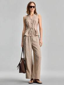 Ontre Women's Summer Casual Front Button Sleeveless Shirt And Pants 2 Pieces Set - Khaki - View 4