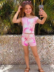 青少年女孩亮粉色不對稱抓褶短版上衣與短褲套裝，休閒熱帶波希米亞風趣味可愛夏季度假假日穿搭，2件組 - 粉色 - 查看 2