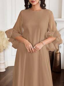 Al Najma Women's Solid Color Round Neck Ruffle Sleeve Loose Arabic Traditional Long Dress - Brown - View 5