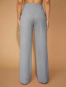 EURMUSE Plus Size Women's Casual Solid High Waist Straight Leg Pants - Light Grey - View 2