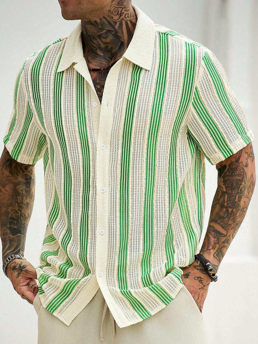 Manfinity CasualCool Men's Contrast Stripe Knit Shirt, Fashionable & Versatile - Green - View 1