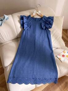 Sparklyn Tween Girls' Spring/Summer Vacation Beach Tropical 3D Bow Round Neck Sleeveless Ruffle Cap Sleeve Sweet Midi Dress - Blue - View 3