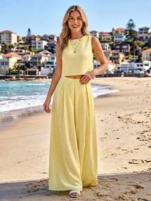 Sylviya Women's Casual Yellow Tank Top And Skirt Set, Summer Vacation - Yellow - View 6
