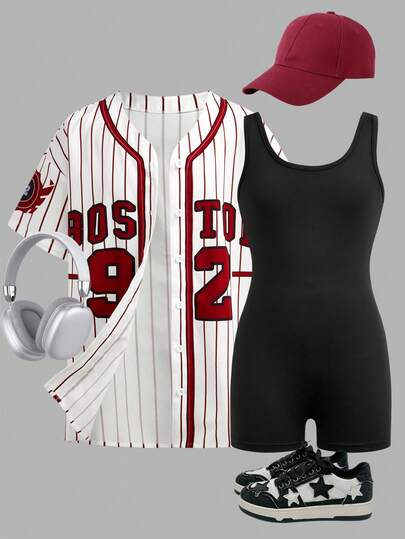 SHEIN Tween Girls' Loose Casual Comfortable Versatile Sports Street Style Letter Contrast Stripe Print Open Front Short Sleeve Shirt + Black Camisole Jumpsuit 2Pcs Set, Suitable For Commuting, School, Daily Casual, Travel, Sports, Holiday Gatherings, All Seasons