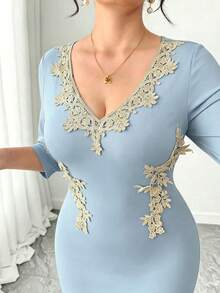 Elenzga Đầm đen ôm dáng thanh lịch tối giản cổ chữ V dành cho nữ cỡ lớn, điểm xuyết hoa vàng, phù hợp cho mặc hàng ngày, hẹn hò, dự tiệc và tiệc chiêu đãi. - Màu xanh bụi bặm - Xem 5