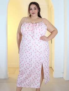 Pretty and Ole 大尺碼碎花胸部抓皺高衩細肩帶洋裝，夏季乳女風洋裝、束身洋裝，女款優雅束身洋裝 - 粉色 - 查看 6