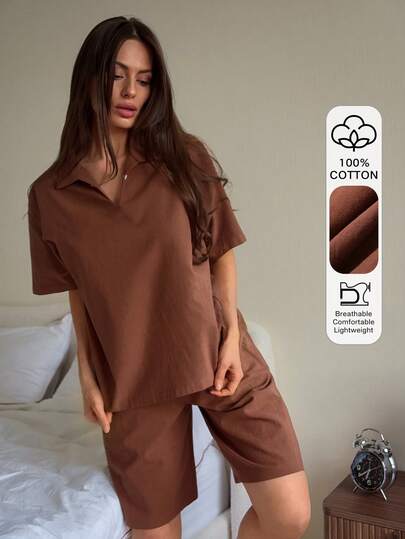 Livesso Bộ đồ ngủ nữ màu trơn, dáng rộng, tay ngắn và quần short, thích hợp mặc ở nhà mùa hè.