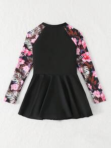 SHEIN Tween Girl One-Piece Swimsuit,Pink Floral Long Sleeve Zip-Up Dress-Style Swimwear,Modest Rashguard Uv Protection Bathing Suit,Summer Beach Vacation - Black - View 2