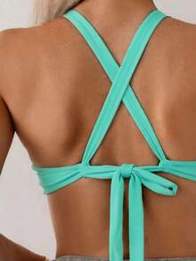 SHEIN Swim Women's Solid Color Criss-Cross Back Strap Minimalist Casual Bikini Top - Dark Green - View 4