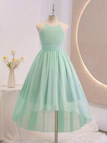 Tween Girls' Chiffon Halter Backless High-Low Formal Elegant Dress, Mint Green Summer Bridesmaid Wedding Guest Banquet Birthday Party Outfit - Green - View 5