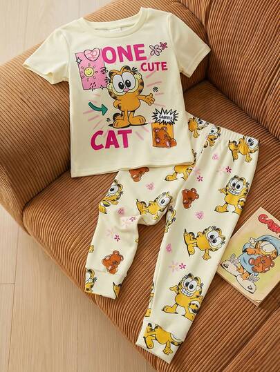 GARFIELD | SHEIN Baby Girl Cartoon Letter Print Round Neck Short Sleeve Top And Pants Casual Loungewear Set